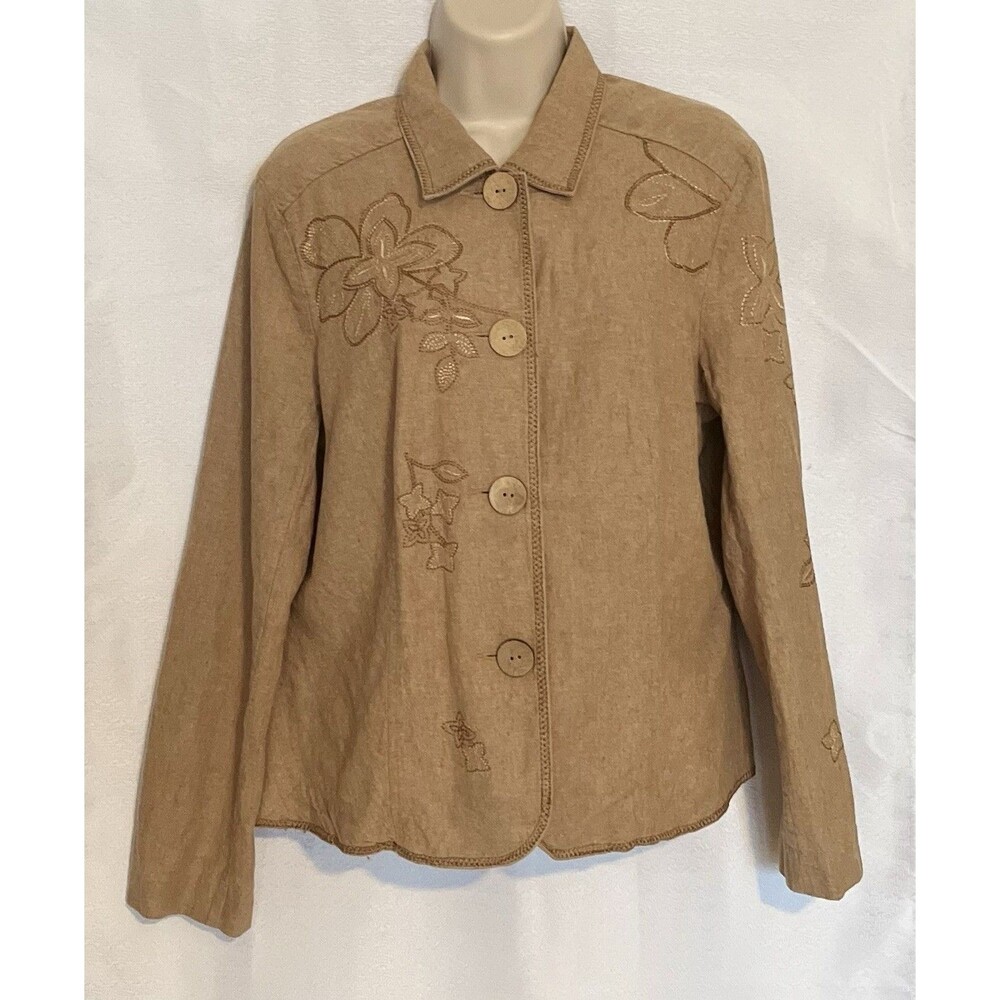 Requirements Linen Cotton Embroidered Boho Jacket Womens L Tan Lagenlook Coastal